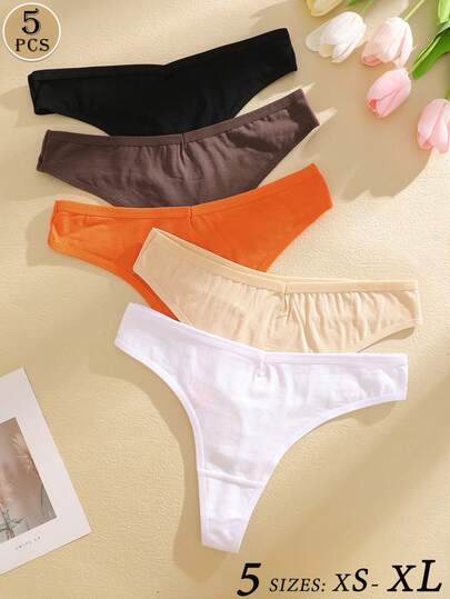 Loungeista 5pcs Women's Solid Color Cotton Sexy Breathable Thong Panties