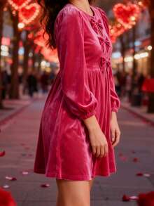 Women's Velvet Mini Dress Solid Color Long Sleeve Round Neck Front Bow Dress Casual Work Dress - Màu Hồng Tươi - Xem 4