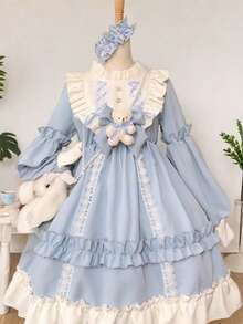 1 pieza Vestido de estilo Lolita japonés dulce y suave para niña, accesorios de disfraz adecuados para festivales, fiestas, actuaciones, todas las vacaciones (incluye vestido + lazo de oso) - Multicolor - Ver 3