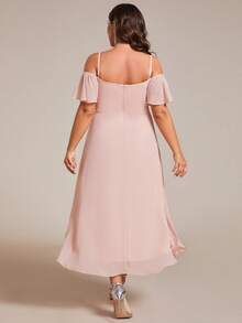 EVERPRETTY Elegant Women's Mid-Length Chiffon Bridesmaid Dress, Spaghetti Strap Off-Shoulder Ruffle Sleeve Design, Perfect For Weddings And Formal Occasions Spring Party - Baby Pink - View 2