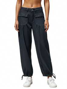 Women's Wide Leg Jeans Fashionable Casual Pleated Denim Joggers Pants With Pockets - 藍色 - 查看 6
