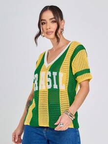 Knit Shirt, Brazil Fabric, Openwork, V-Neck, Mesh, Brazil World Cup Look. - Green and Yellow - View 3