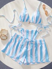 3pcs Women Swimsuit Bikini Set, Retro Light Blue & White Striped Beach Shorts/Cover Up/Holiday Outfit - Blue and White - View 7