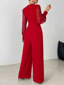 Elegant Women's Jumpsuit, Graceful Solid Color V-Neck Long Sleeve Jumpsuit - Straight Leg Design, Mesh Sheer Panels, Rivet Decor, Machine Washable, Showcasing Refined Style - Red - View 3