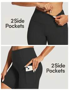 Plus Size Women High Waist Yoga Shorts With Pockets, Butt Lifting Workout Running Fitness Shorts - Black - View 5