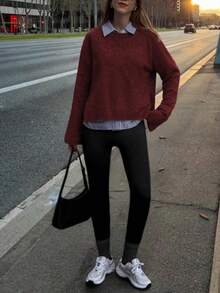 Áo len dệt kim cổ tròn màu đỏ tía mới của SEREN dành cho nữ, thích hợp cho mùa thu đông, kiểu dáng rộng rãi cho ngày Valentine hoặc năm mới. - Màu Đỏ Sâu - Xem 6