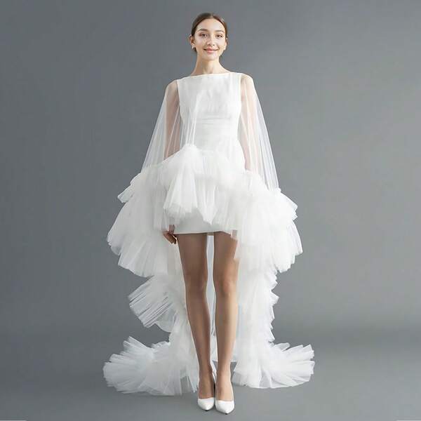 1pc Bridal Multi-Layer Sheer Tulle Shawl, Ruched Hem Draped Cape For Wedding Photoshoot Dress Accessory