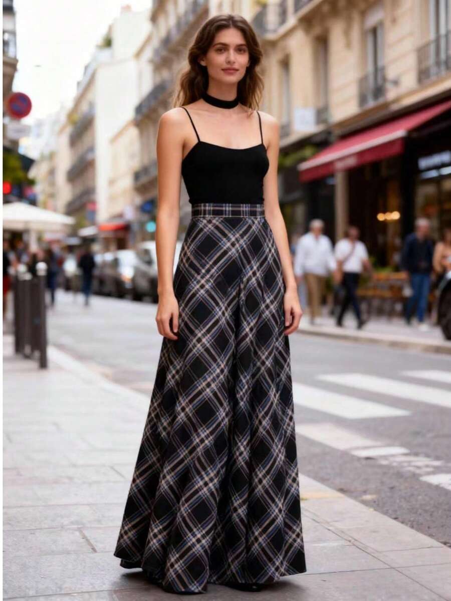 Damkjol med rutigt tryck, utsvängd maxikjol, polyester, elegant bohemisk stil, lång kjol utan stretch - Flerfärgade ränder - Visa 1