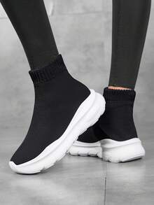 Zapatillas casuales de mujer, zapatos tipo calcetín con plataforma - Blanco y Negro - Ver 4