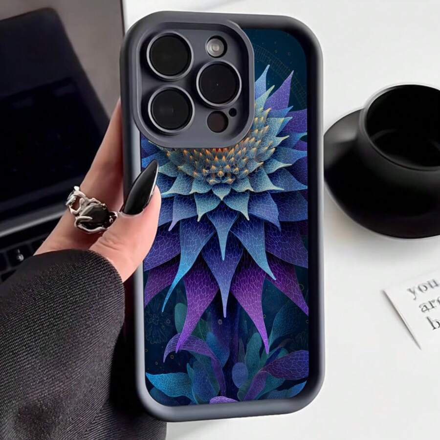 Cubierta de teléfono con borde protector color gris oscuro con estampado de flor abstracta en tonos azules y púrpuras diseño artístico para uso diario y estilo moderno - Café integral - Ver 1