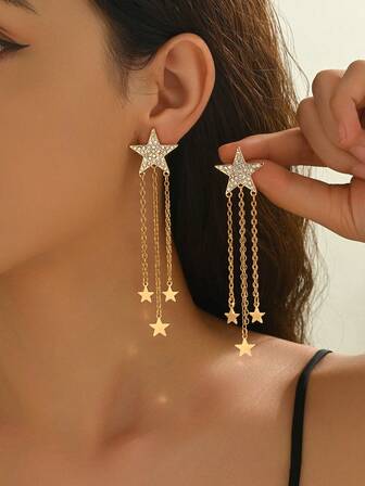 1 Pair New Creative Middle Eastern Style Star & Moon Tassel Long Drop Earrings, Simple & Elegant Design