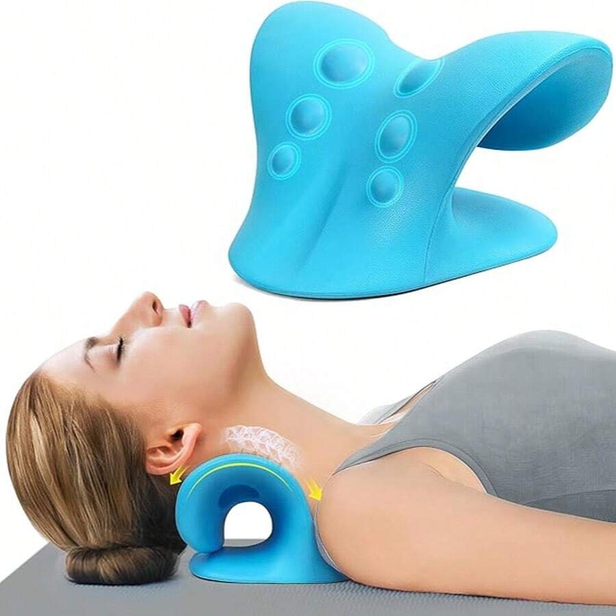 Neck And Shoulder Relaxer, Chiropractic Pillow Neck Stretcher, Chiropractic Pillow Cervical Traction Device For Pain Relief And Cervical Correction, Corrector And Reliever For Contracture And Neck Pain - Màu xanh lam - Xem 1