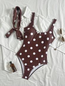 New Polka Dot All-Over Print Cute Backless One-Piece Swimsuit + Headscarf, Summer Vacation Beach - Brown - View 2