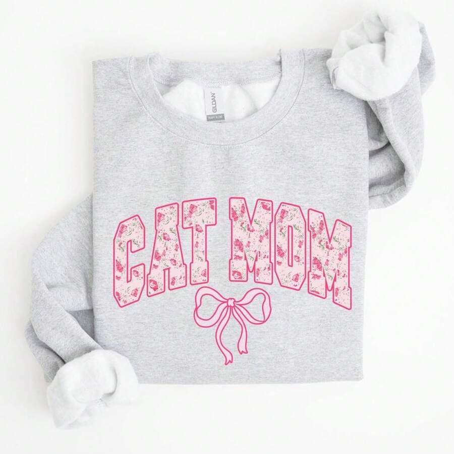 TaggedThreads Cat Mom Sweater, Coquette, Pink Bows, , Girly, Soft Girl Era Sweatshirt, Women's Crew Neck, Crewneck, Cozy Fall & Winter Styles Long Sleeve Tops - Unisex Women's & Men's Campus Daily Wear - 灰色 - 查看 1