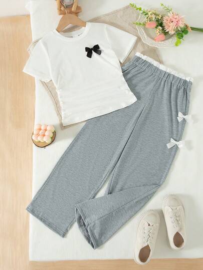 2件套女童休闲纯色蝴蝶装饰短袖上衣和蝴蝶装饰长裤套装，夏季