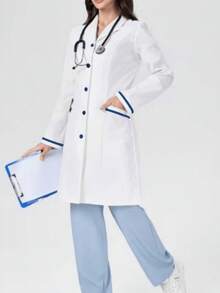 Contrast Color Pocket Button Lab Coat/White Coat - White - View 2