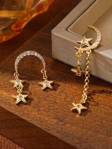 1 Par de Brincos com Pingente de Lua e Estrela, Brincos Assimétricos com Zircônias Brilhantes e Borla, Adequados para Uso Diário/Casamento/Ramadã/Férias, Presente Atencioso para Aniversário/Dia das Mães/Dia dos Namorados/Natal - Brincos de estrela e lua - Ver 3