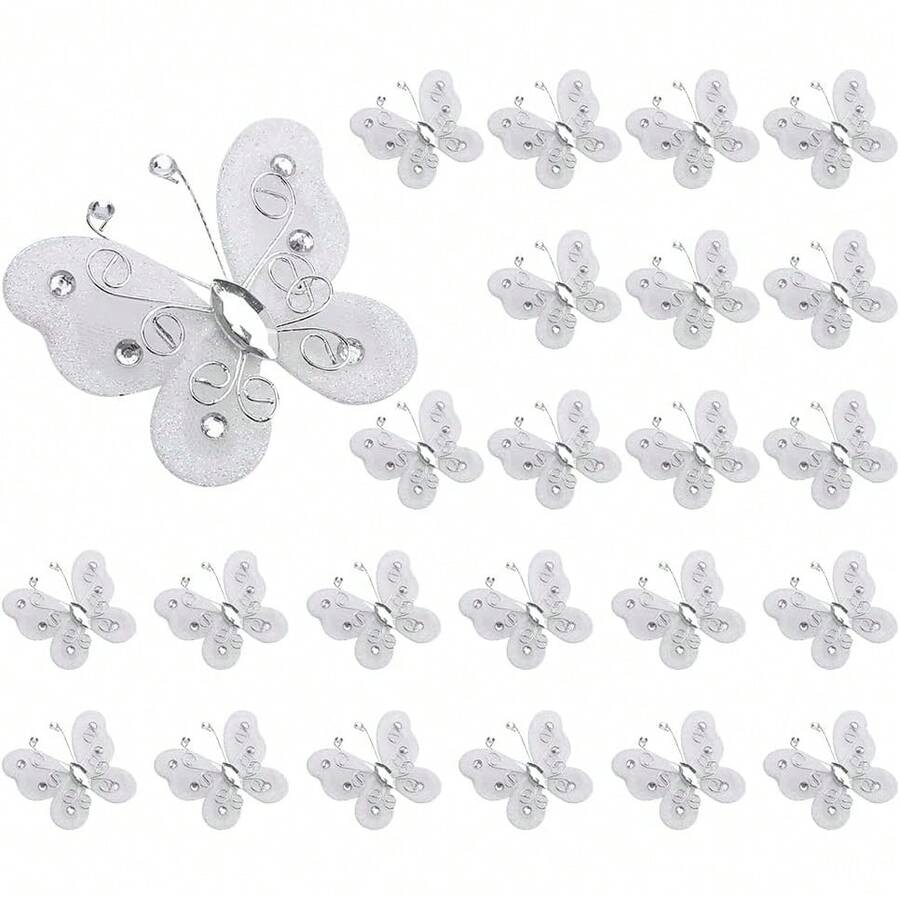 Mariposas de Organza, 24 Piezas Alambre de Malla Transparente Brillo Mariposa Tela Mariposas Boda Ropa Decoración Suministros de Bricolaje (Blanco) - Azul - Ver 1