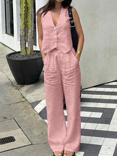 Women's New Solid Color Elegant Casual Front Button Vest And Long Pants Two Pieces Set, Suitable For Daily Office Wear, Spring/Summer Pink