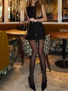 This New Dress Features An Elegant Design With A Stretchy Metallic Heart Button, Perfect For Parties, Daily Commutes, Evening Dates, And Valentine'S Day,Summer Dress - Black - View 8