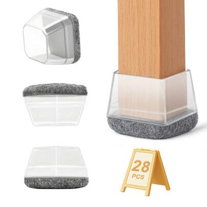 Chair Leg Floor Protectors 30-40mm Chair Leg Floor Protectors Pads Transparent Chair Feet Cover Felt Bottom Silicone For Chair Table Sofa Noise Reduction Scratch Protection (Square)28Pcs