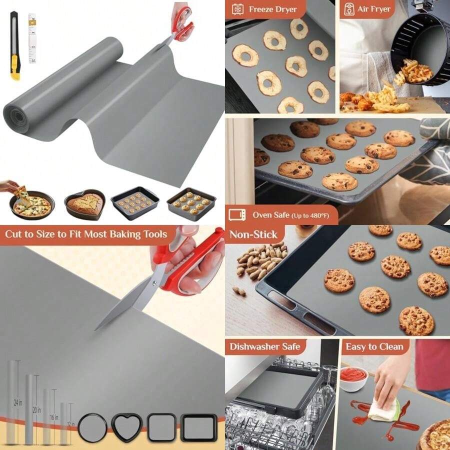 Tapete de silicona para hornear, 12 x 6 pies, bandeja de silicona de corte última intervensión, antiadherente reutilizable para masa y pastelería, rollo de silicona antideslizante para freidora de(Gris 182.9L x 50.8A cm) - Multicolor - Ver 1