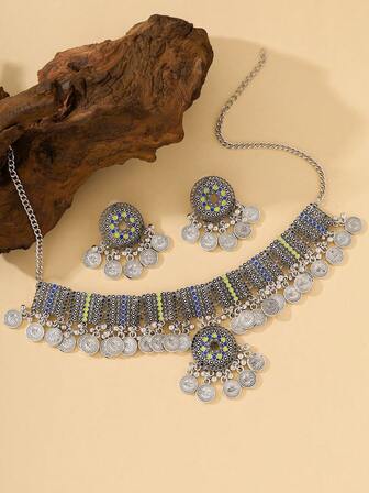 3pcs/Set Gorgeous Middle Eastern Style Coin Pendant Gold-Plated Jewelry Set Including Necklace And Earrings Jewelry For Weddings Or Festival,Women's Daily Wear