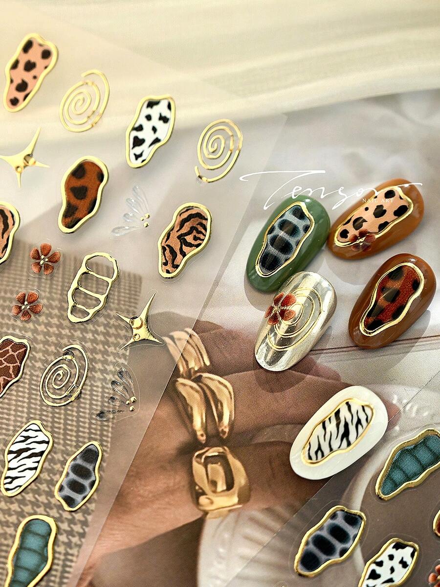 1pc Vintage Animal Print Nail Stickers, Colorful Leopard, Zebra, Cow Pattern Nail Art Decals, DIY Nail Supplies, Salon Accessories - Multicolor - View 1