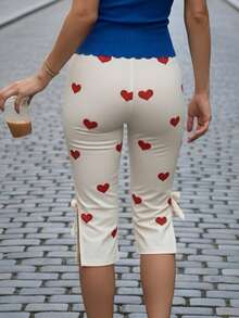 Women Dot Print Capri Pants With Bows Mid Rise Side Split Long Shorts Tights Casual Work Leggings For Outdoor Office - 紅白色 - 查看 3