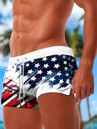 男士休闲国旗印花抽绳泳裤