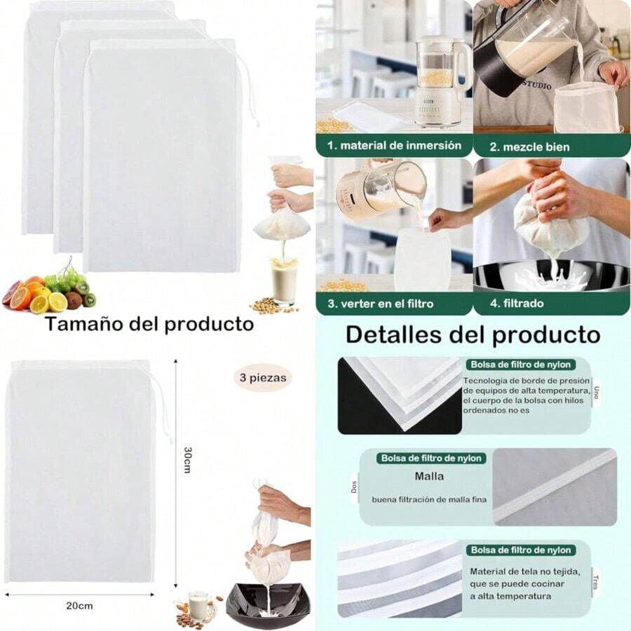 PZW 3 Piezas Cheese Cloth Colador De Malla Fina Ideal Para Filtrar Nueces Avena Leche De Soja Yogur Griego Queso Frutas Verduras Tofu Café Frío e Incluso Sopa Etc2537 - Blanco - Ver 1