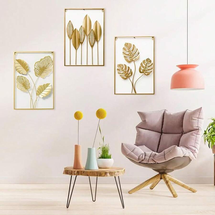 MOGONE Juego de 3 esculturas de pared de hierro rectangular,escultura artística colgante para sala de estar, recámara, baño, decoración interior y exterior (Hojas verdes doradas) - Hojas verdes doradas - Ver 1