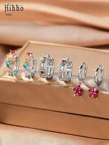 Hihho 6 قطع مجموعة أقراط زهرية حلقية فارغة ومعلق زهرة مرصع بالزركونيا المتلألئة بتصميم بسيط، هدية مجوهرات فاخرة متعددة العناصر الملونة، مناسبة للارتداء اليومي والمناسبات - متعدد الألوان - مشاهدة 2