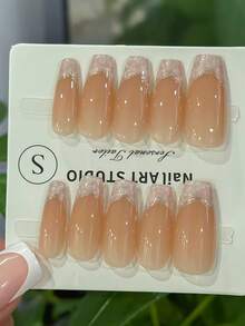 Hanmade 10 Piece Set Of Handmade Nail Art, Wearing Nail Art, Pink French Style Short Press Nail Art Patch, Quick Nail ArtJellyfish Texture French Design, Silver Shimmering Powder And Ink Accents,Press On Nails,Suitable For Daily Wear By Women And Girls - Multicolor - View 20