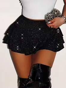 Women's Sequin Glitter Shorts Layered Ruffle Skirts High Waisted Club Party Rave Cheeky Skorts - màu đen - Xem 2