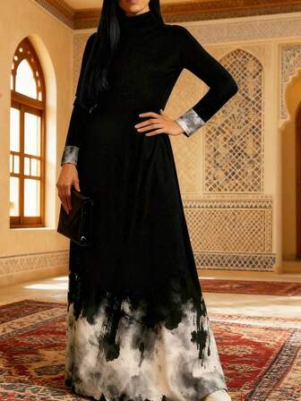 Damklänning med hög hals och tryck, långärmad, från Mellanöstern, vardagsklänning, muslimsk mantel,