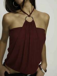 Women Y2K Halter Tank Top Sleeveless Backless Draped Front Going Out Tops Solid Color Back Tie Up Crop Vest Tops Summer Party Club Streetwear Rave Outfit Concert Outfit  Valentines Clothes  Beach Vacation Outfits - Màu Đỏ Sâu - Xem 1