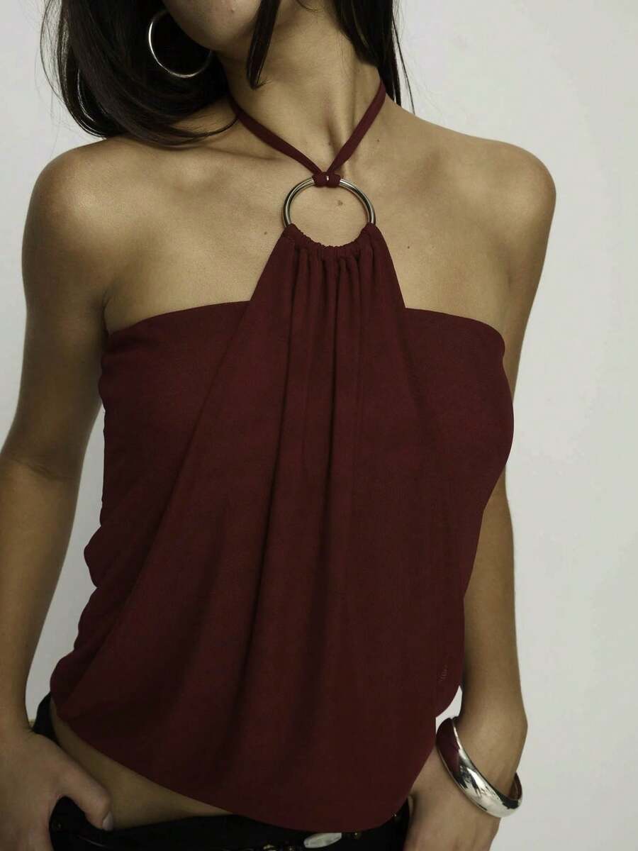Women Y2K Halter Tank Top Sleeveless Backless Draped Front Going Out Tops Solid Color Back Tie Up Crop Vest Tops Summer Party Club Streetwear Rave Outfit Concert Outfit  Valentines Clothes  Beach Vacation Outfits - Màu Đỏ Sâu - Xem 1