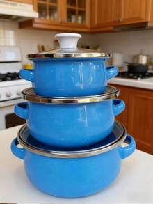 三件套彩色搪瓷厨具套装 - 搪瓷带盖锅、搪瓷砂锅、搪瓷汤锅、拉面锅、迷你火锅、粥锅、保温锅、厨房用具、奶锅、小圆锅、厚底汤锅、砂锅、煎锅，适用于电磁炉、燃气灶，家用，搪瓷厨具套装，含厚底双耳汤锅 - 小鍋三件套 - 查看 8