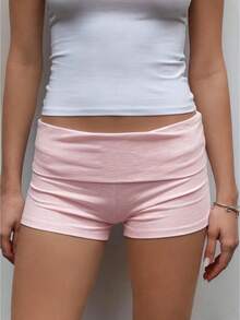 Womens Fold Over Micro Shorts Y2k Low Rise Elastic Waist Lounge Shorts Foldover Booty Mini Shorts Streetwear - Pink - View 1