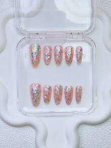 10片装Y2K风格杏仁形美甲贴片套装 - 手工制作，粉色美甲，闪亮美甲，手绘亮片美甲设计，精致优雅美甲 - 完美适用于派对和休闲装扮，是送给女性和女孩的完美节日礼物，DIY美甲套装，包含工具包。亚克力美甲套装。短款杏仁形美甲。简约美甲。短款贴片美甲。婚礼美甲。可爱美甲。手工亚克力杏仁形贴片美甲。假指甲。美甲用品 - 彩色 - 查看 12