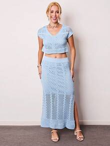 elegante  Casual  Sensual    Tricô    Renda    Praia  Férias  Jardim  Sessão de fotos  Noite - Azul bebê - Visão 5