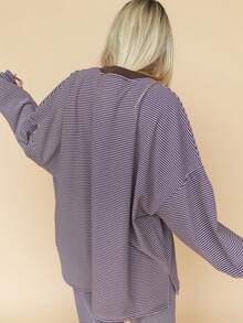 Women's Casual Striped Oversized Long Sleeve Lounge Set With Wide-Leg Pants - 紫藍色 - 查看 3