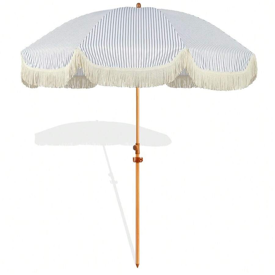 7.5ft Patio Umbrella With Fringe, Beach Umbrella, Fringe Umbrella Outdoor Patio With Hanging Hook, Tilting Aluminum Pole, UV 50+, Fiberglass Ribs, Blue White Stripe,7.5FT,BlueWhiteStripe - BlueWhiteStripe - View 1