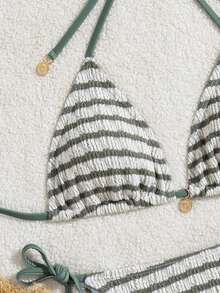 Ladies' Striped And Water Ripple Split Swimsuit Sexy Bikini SexHy Bikini Swimsuit Color Blocking Fashion High-End Hot Spring Party Bikini Careful Machine,European & American Style Sexy Halter Women Bikini Set Swimwear, For Summer Beach Vacation Hot Selling Swimsuits - Dark Green - View 3