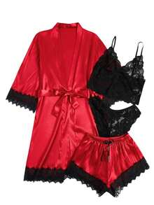 Women's Sexy Satin Lace Lingerie Set – Red Nightwear With Robe , Bralette, Shorts & Panty For Romantic Atmosphere - Đỏ - Xem 5