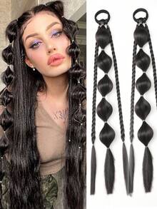 2 piezas Pelucas con trenzas de burbuja de 20 pulgadas estilo Y2K lindas y geniales para niñas, con banda elástica, accesorios para el cabello, adecuadas para fiestas, reuniones, regalo de Halloween (Color: Negro, Marrón Claro, Marrón Oscuro, Marrón-Negro) - Multicolor - Ver 14