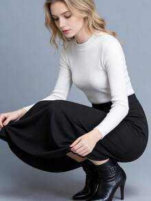 Falda de mujer Nueva colección de bolsillos Falda primavera/otoño Falda favorecedora de cintura alta Falda informal para mujer Falda midi versátil Falda interior Falda larga elegante para mujer Cintura elástica con falda amplia Falda midi lisa Falda midi para mujer - Negro - Ver 5