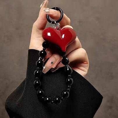 Red Heart Charm Beaded Phone Chain Wrist Strap - Durable ABS Resin DIY Craft Accessory With Metal Clasp, Stylish And Functional For Phone Protection, Wrist Strap For Phone, Phone Accessory, Heartshaped Charm, Metal Clasp Attachment Compatible With Android And Most Smartphone,Gifts For Mother, Family, Friends, Kids, Birthday, Holiday