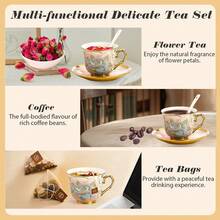 20 Pcs Porcelain Tea Set With Metal Holder, Adult Tea Set Gift, European Ceramic Tea Set For Adults, Flower Tea Cup Saucer Set For Spring Outing & Easter Party With Gold Flower Painting - 粉色 - 查看 7